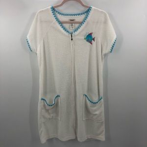Adonna Intimates Sleepwear Adonna Front Zip Embroidered Fish Terry Cloth Robe Poshmark